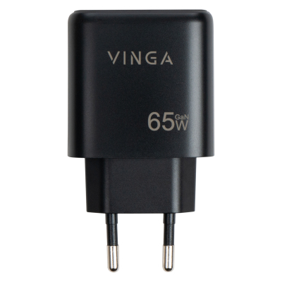 Настінний зарядний пристрій Vinga GaN 65 Вт з PD та QC (2C1A) (VCPCHCCA65B)