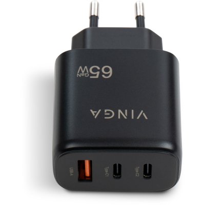 Настінний зарядний пристрій Vinga GaN 65 Вт з PD та QC (2C1A) (VCPCHCCA65B)