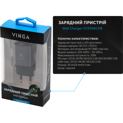 u0936935_5big-2.jpg Зарядний пристрій Vinga з підтримкою USB-C PD 30 Вт та USB-A QC 30 Вт для монітора, максимальна потужність 33 Вт (VCR30ACDB)