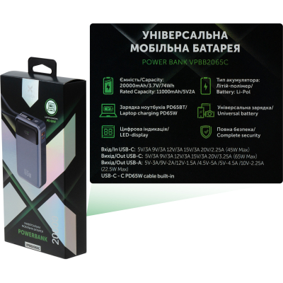 u0949654_9big-2.jpg Портативний зарядний пристрій Vinga на 20 000 мА·год з дисплеєм та кабелем USB-C, 65 Вт, сірий (VPBB2065C)